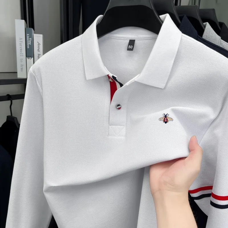 

Высококачественная брендовая мужская рубашка поло из 100 хлопка с лацканами и длинным рукавом, осеннее новое поступление, однотонная модная мужская одежда с вышивкой пчелы