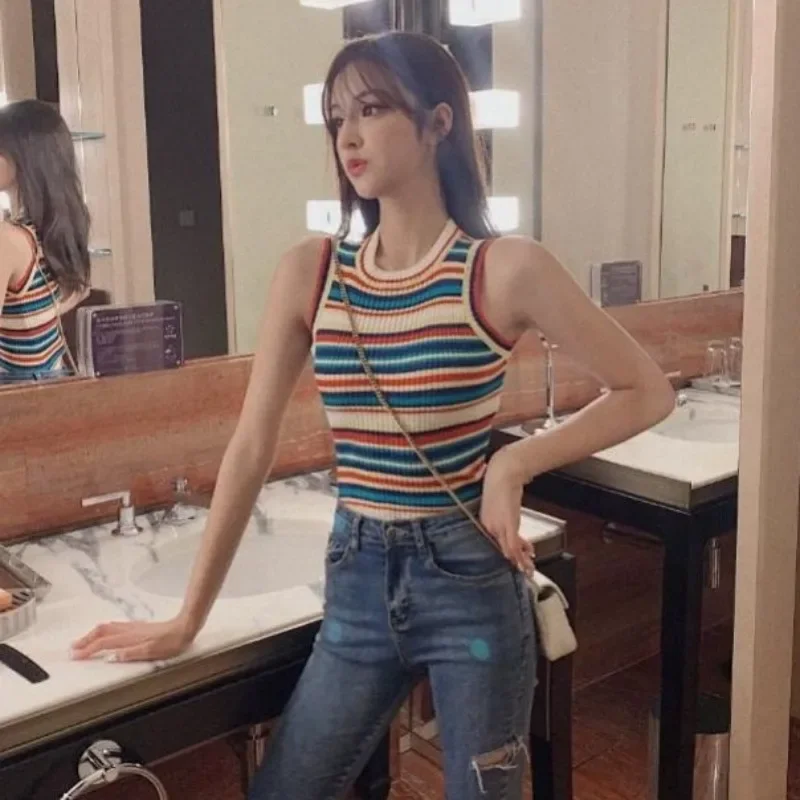 

Rainbow-striped Knit Sweater Vests Women Fashion New Sweet Korean Style Lovely O-neck Sleeveless Casual Y2k Aesthetic Streetwear
