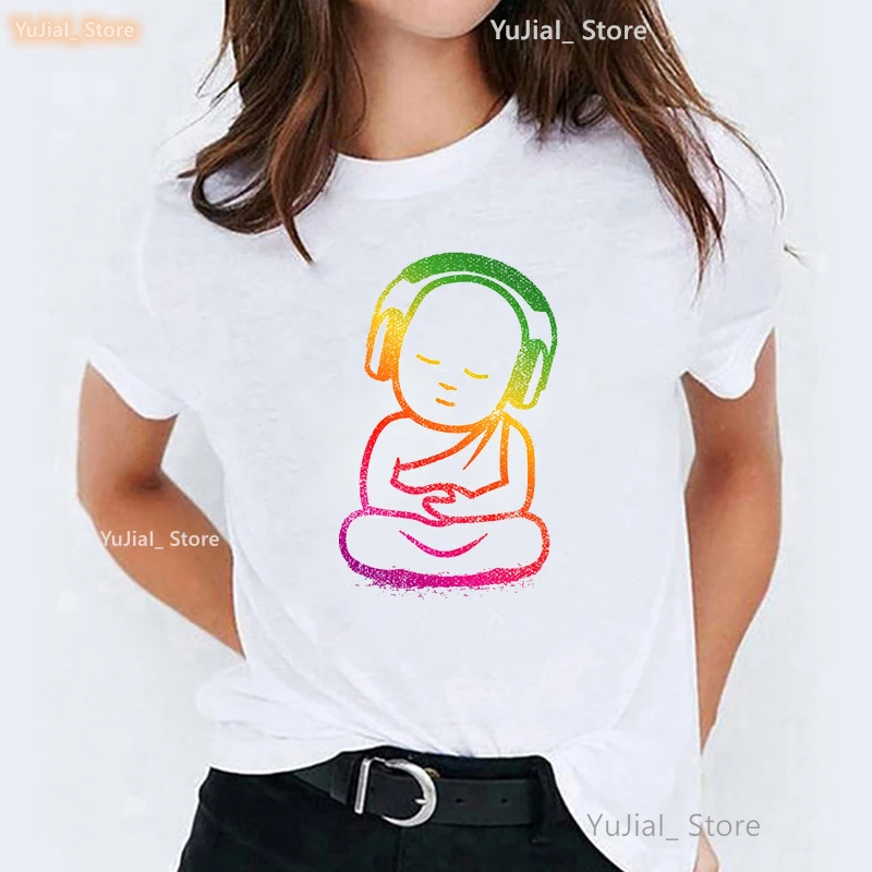 Rainbow Buddha Headphones Print T Shirt Women Clothes 2024 Summer Fashion Meditation Yoga Tshirt Femme Harajuku Shirt