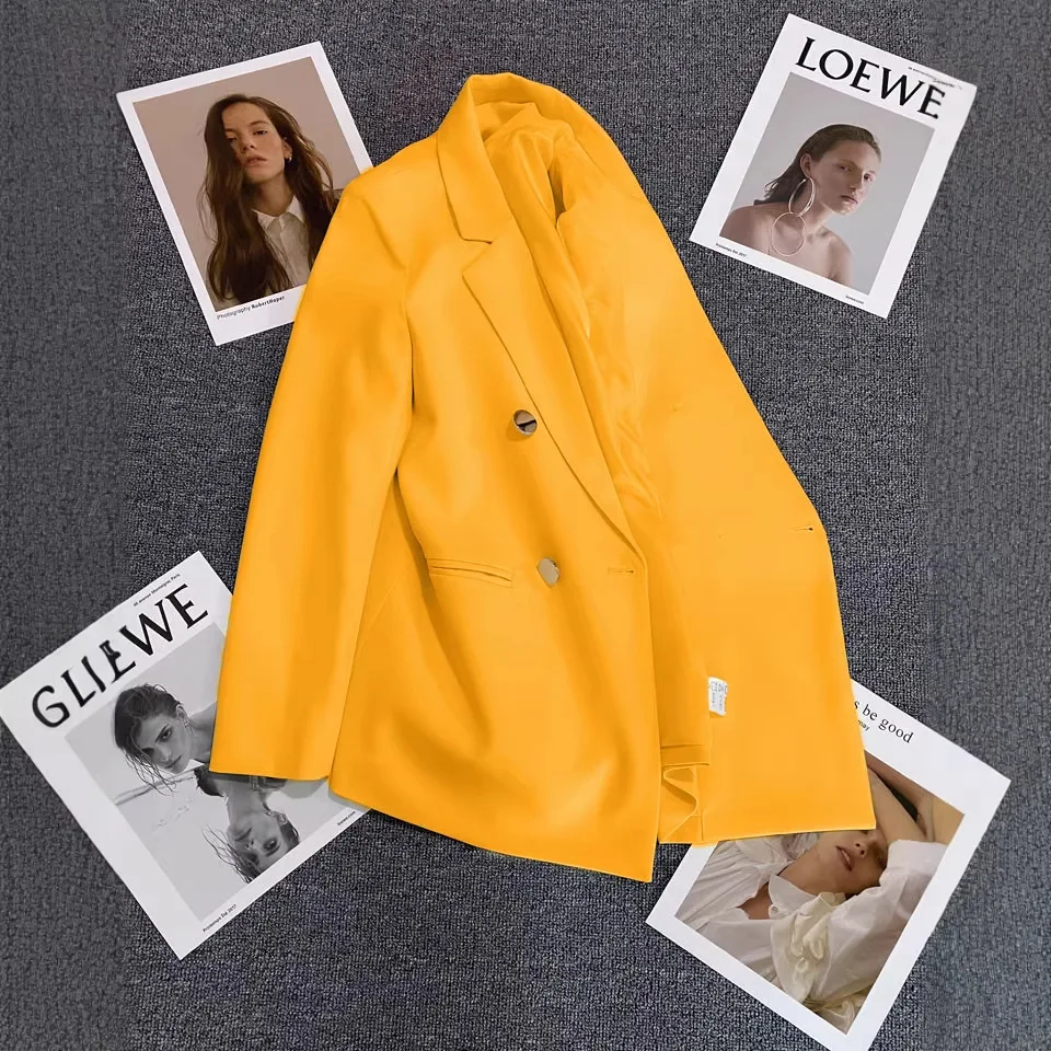 Spring 2026 Women's Yellow Double-Breasted Versatile Commute Suit Jacket Korean Style Fashionable Outerwear Polyester Fabric