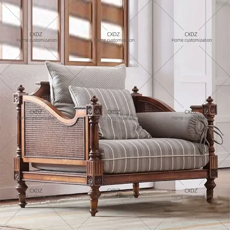 Retro Carved Solid Wood Rattan Sofa Luxury Art Three Seater for Small Apartment Customizable Vintage Style Living Room