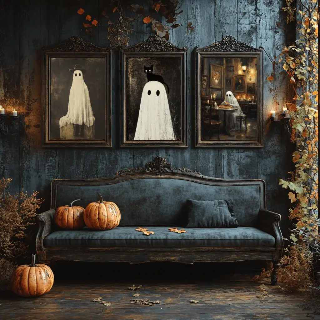 3PCS Large-sized frameless canvas paintings,Set of 3 Ghost Halloween Poster, Spooky, Halloween Home Decor, Halloween Art Poster,