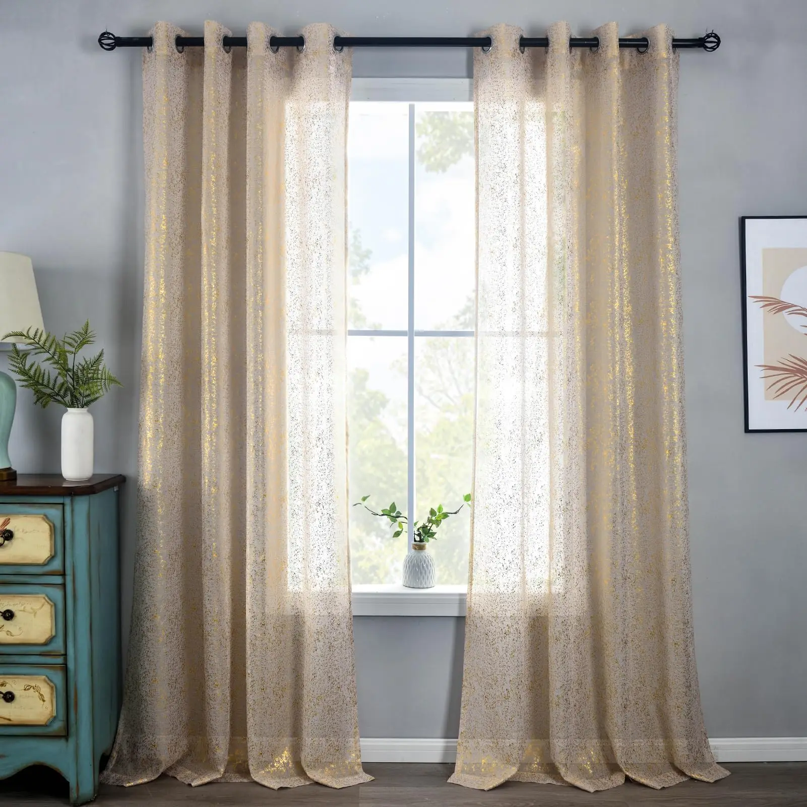 1PC Gilded Sparkle Living Room and Bedroom Artistic Decorative Sheer Curtain, Festive Celebration Shimmering Window Curtains