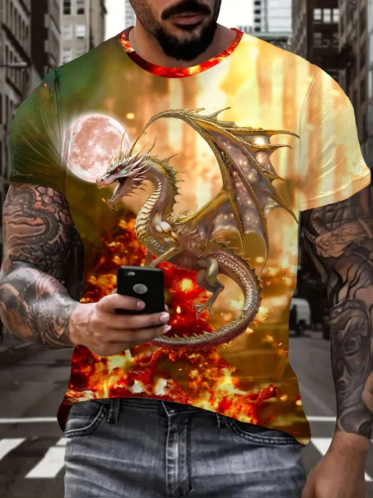 3D Dragon Print Men's T-Shirts Casual O Neck Pullover Street Outdoor Short Sleeve Tops Tee Outdoor Sportshirt Oversized Clothing