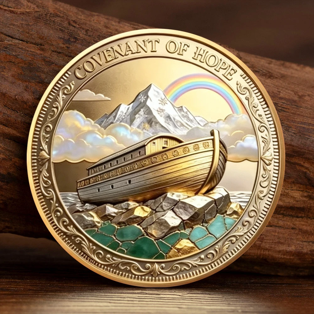 Noah's Ark Covenant of Hope Commemorative Coin 2D Colorful Relief Metal Challenge Coin Bible Story Collection Souvenir Gift