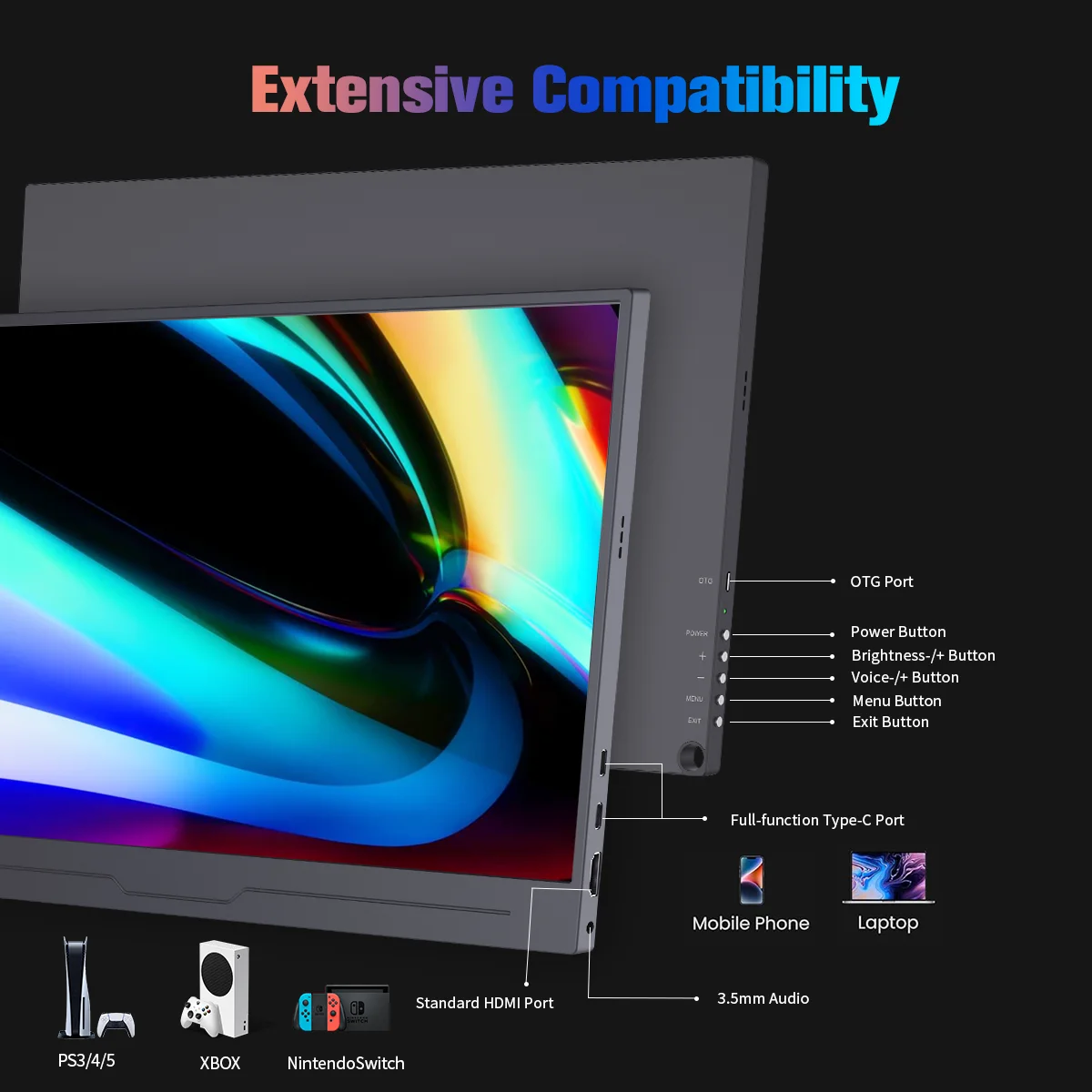 15.6 นิ้ว IPS 4K FHD 3840x2160 ขยายจอแสดงผลรองรับ HDMI Type-C สําหรับ Xbox PS4/5 สํานักงานทํางานเกมโทรศัพท์ Mac