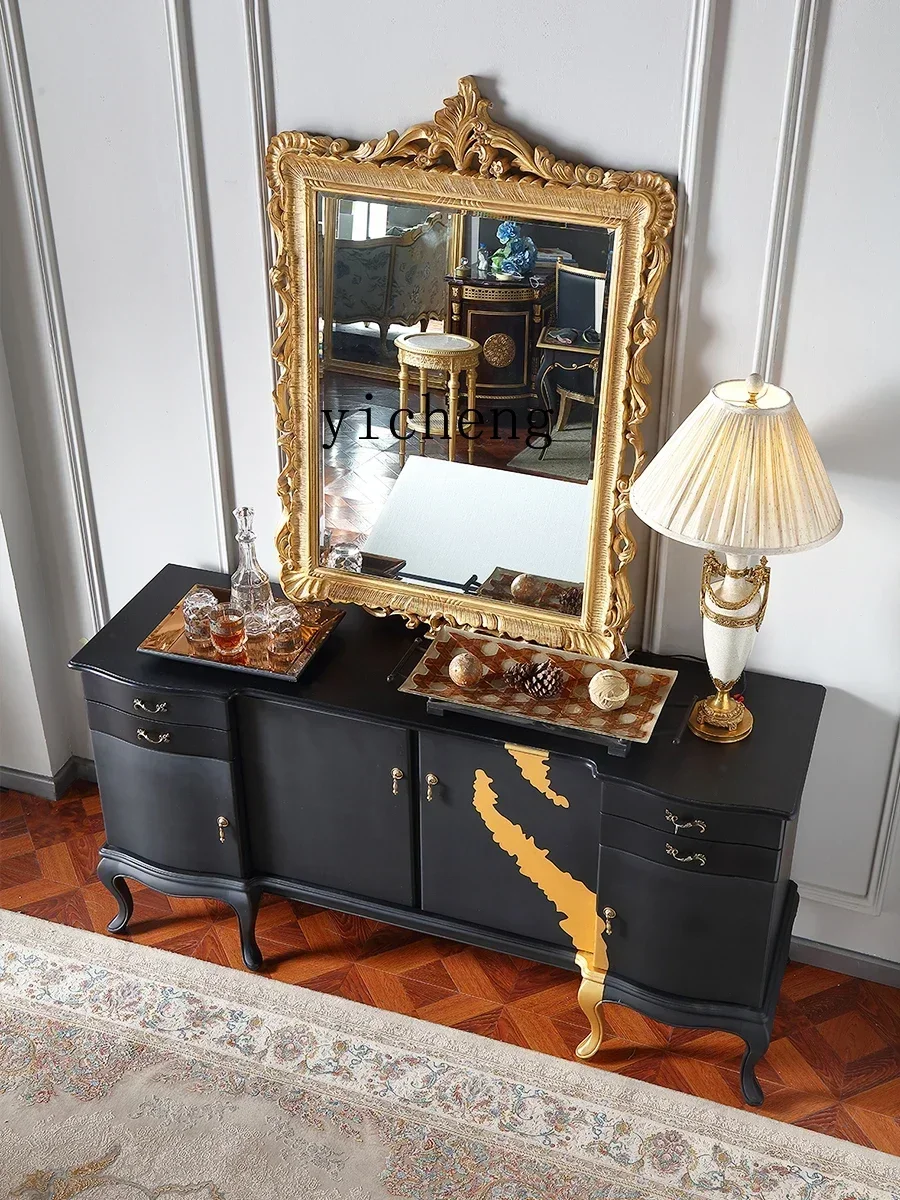 y24-light luxury matte black gold solid wood dining side storage cabinet living room art cabinet