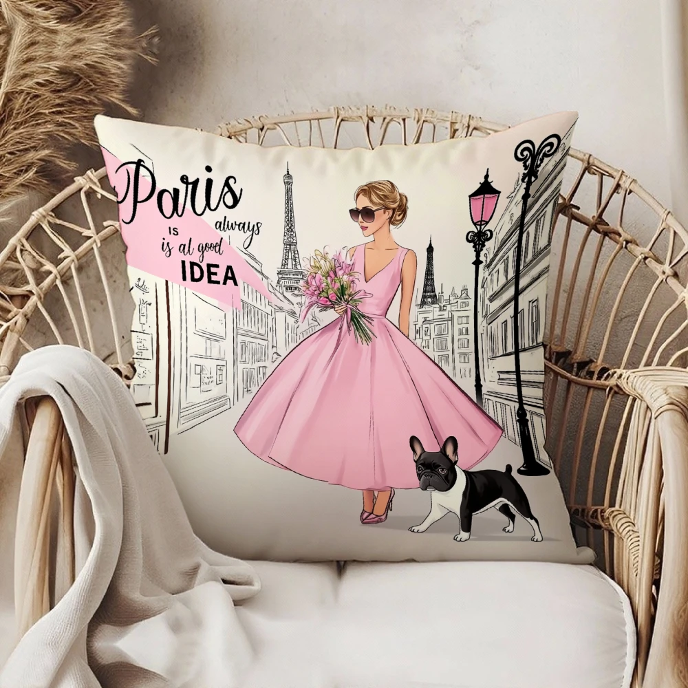 Square Throw Pillow Case Pink Paris Fashion Girl With French Bulldog And Eiffel Tower Print Home Decor For Sofa Bedroom Living R