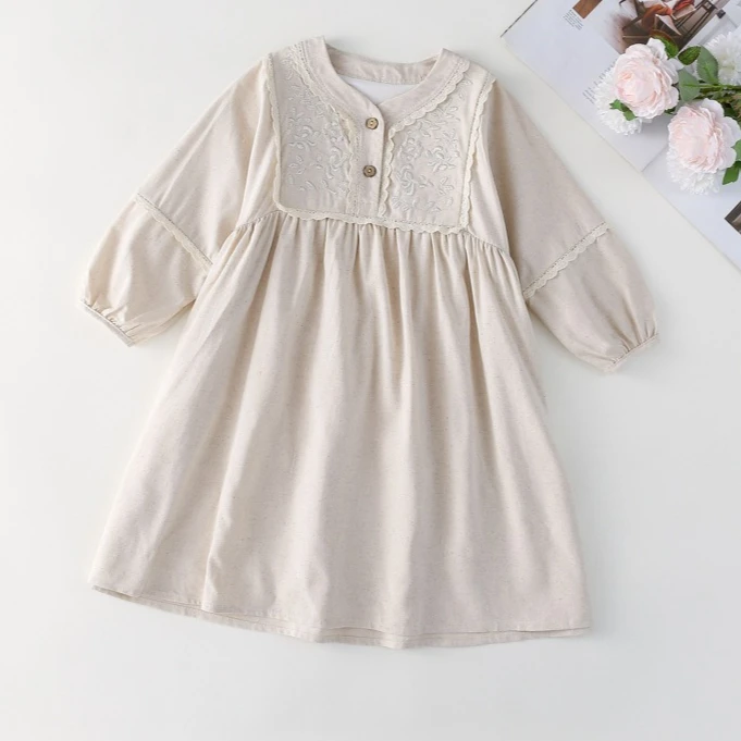 Girls Dress 2026 Spring and Summer New Childrens Clothes Girls Baby Retro Palace French Lace Simple Long-sleeved Dress