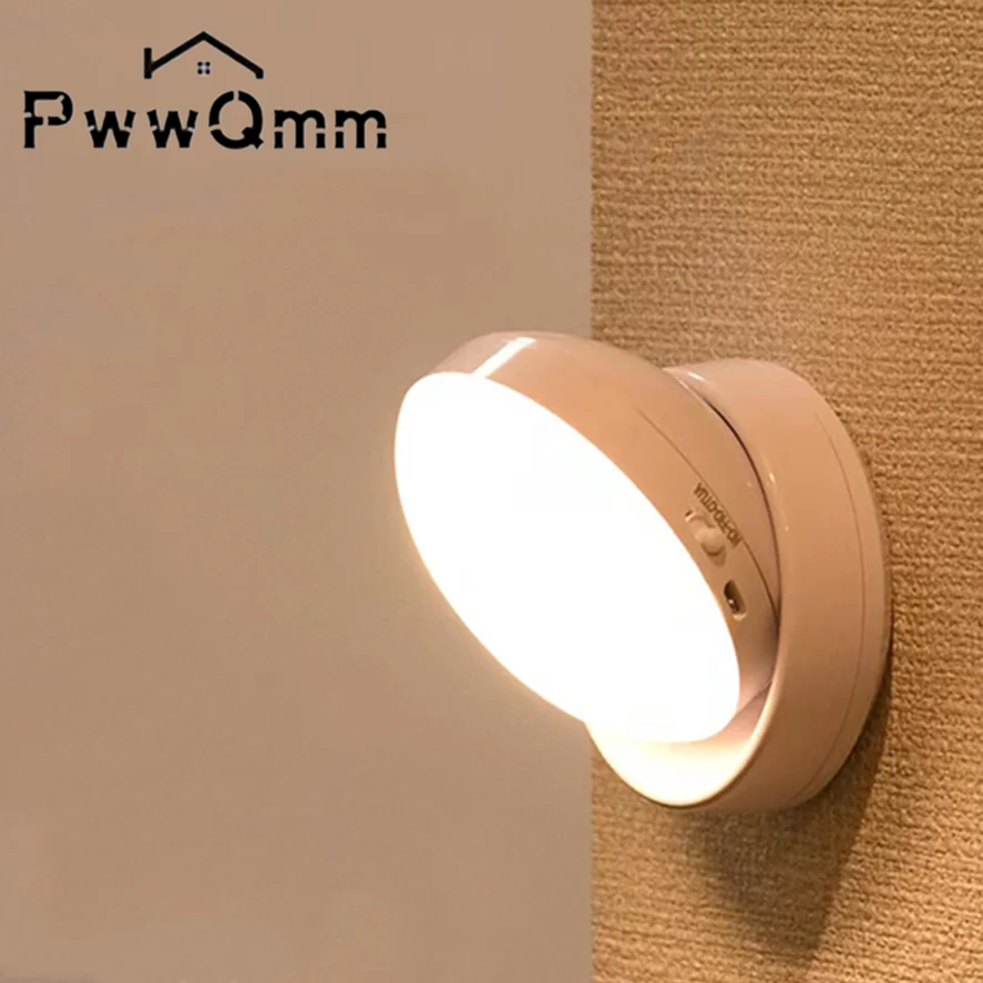 PwwQmm LED Night Light Wireless Motion USB Charging Cabinet Night Lamp Bedside Table For Bedroom Home Closet Sensor Round Lights