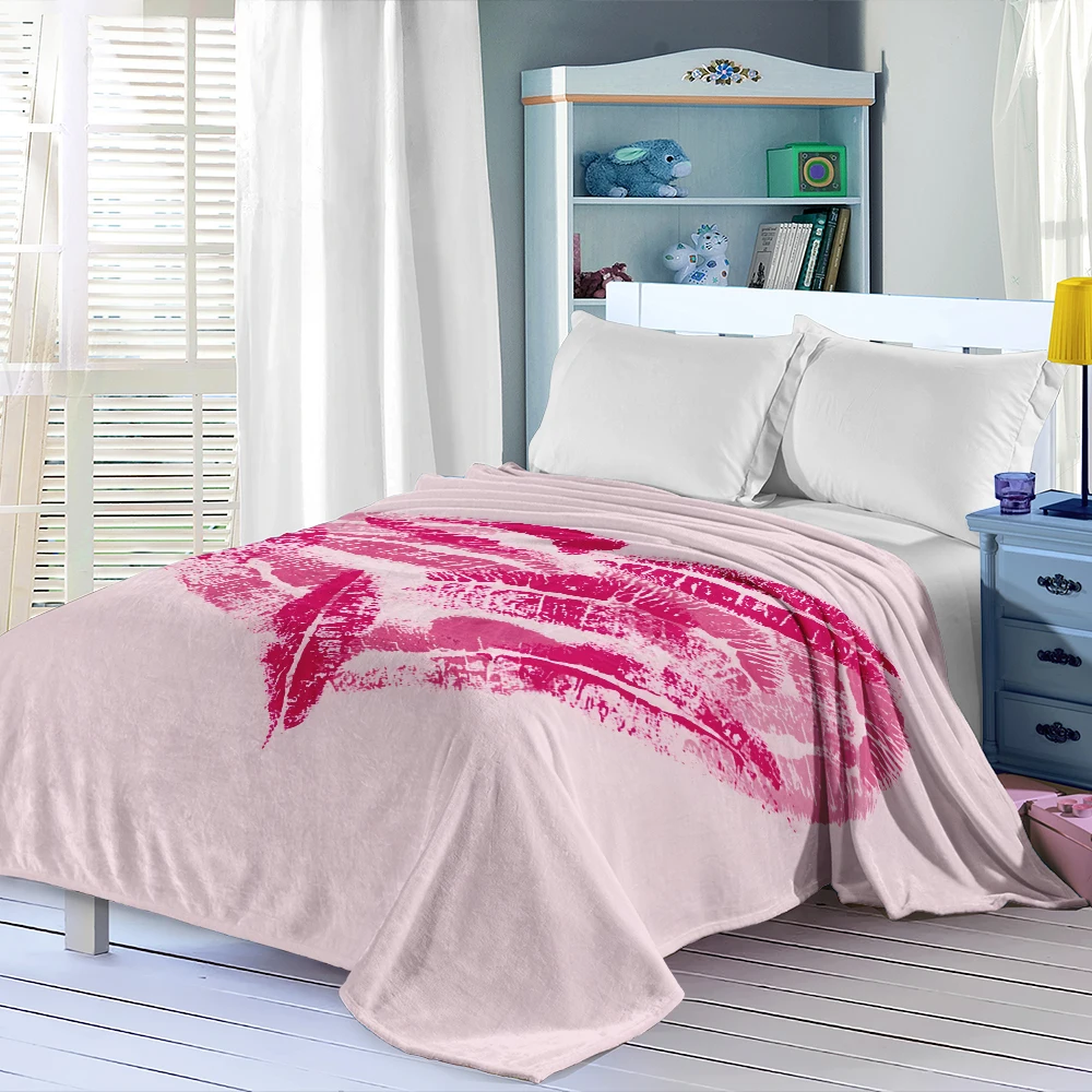 Pink Lipstick Heart Kisses Flannel Blanket Perfect For Sofa Office Bed Travel Sleep Read Relax Camping Four Season Use