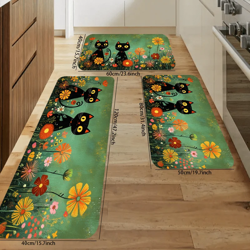 VIKAMA Dunkelgrüner Teppich, schwarze Katze, Bodenmatte, 3-teilig, Küchenteppich, Fußmatte, Willkommensmatte, weicher Winterteppich für Wohnzimmer, warme Heimdeko
