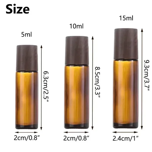 Imagen 2 del producto 20 piezas botellas con rodillo de vidrio marrón de 5/10/15ml con tapas de grano de madera contenedores esenciales de aceite recargables accesorios de viaje portátiles