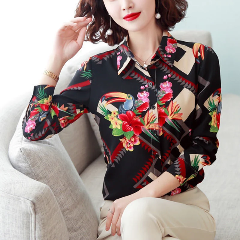 Spring Autumn Women\'s Casual Fashion Floral Printed Shirt Lady Long Sleeve All-match Buttons Top Female Polo-neck Chiffon Blouse