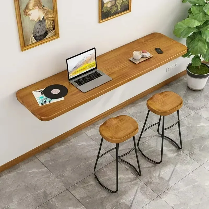 Wall Hanging Solid Wood Folding Bar Table – Simple Iron Triangle Bracket, Practical Laptop Desk, and Space-saving Workstation.