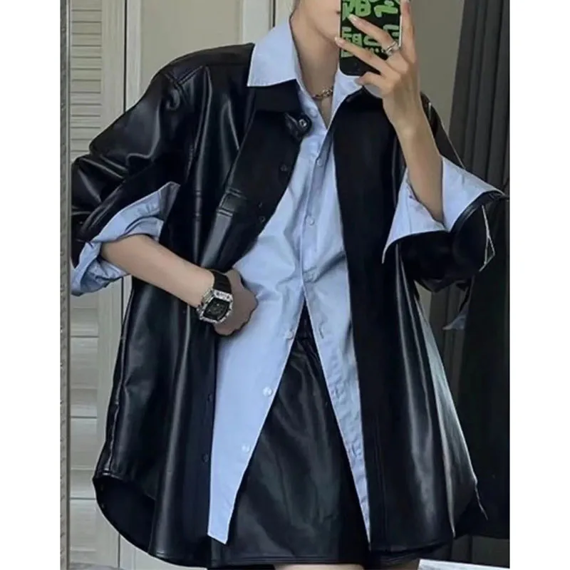 봄 가을 여성 인조 가죽 탑 코트 레트로 여성 루즈핏 PU 가죽 재킷 2025 여성 신상 긴팔 가죽 아우터
