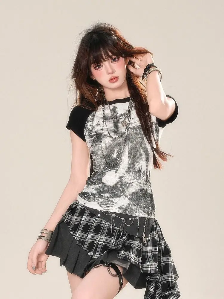 

Футболка American Sle oulder Sve Y2K ort Sve Женская летняя субкультура Цвет Blo Tie Dye ort Fit для похудения Сексуальный топ