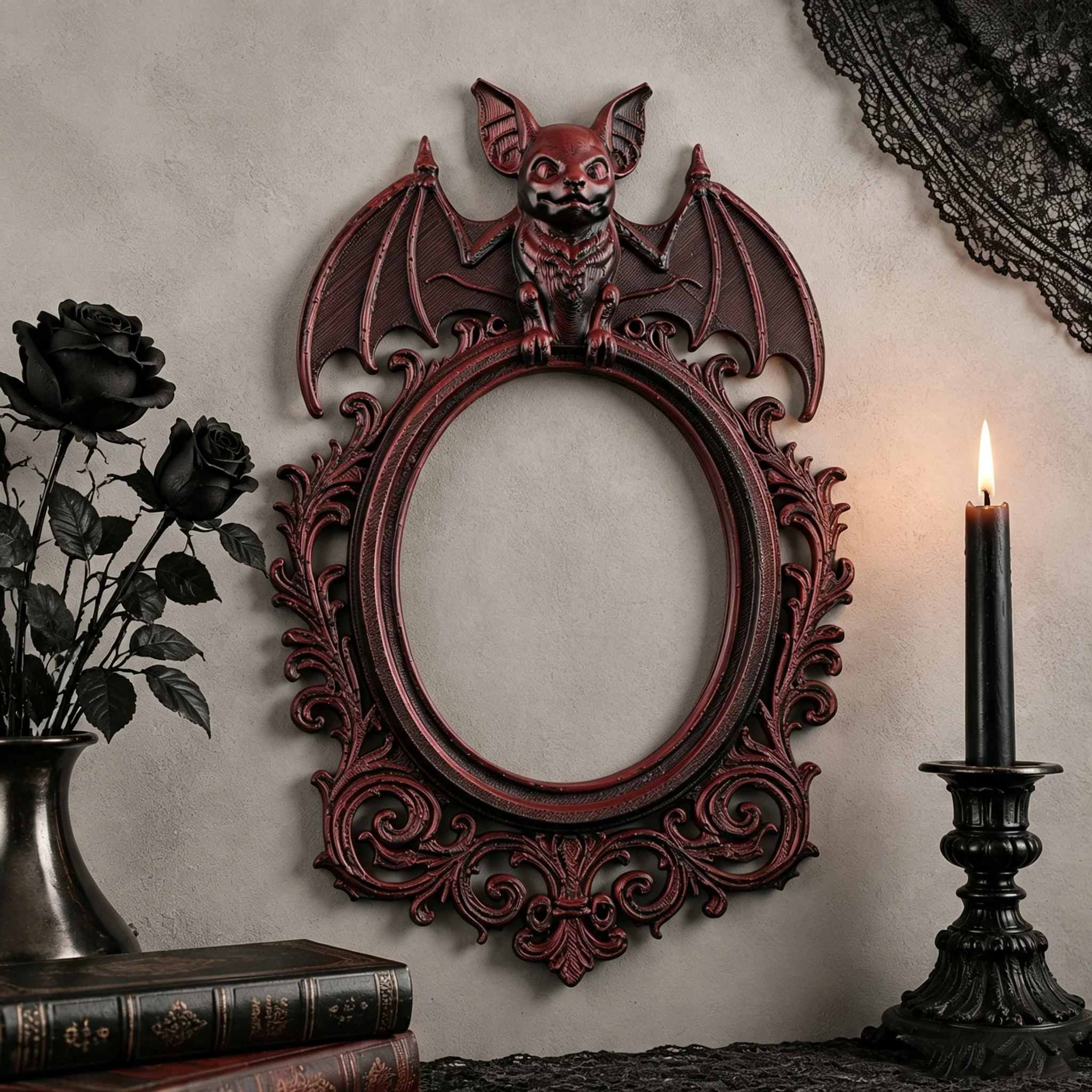 Cross‑border Vintage Wine Red Bat Carved Resin Photo Frame Gothic Dark Style Wall Decor Halloween Home Hanging Ornament