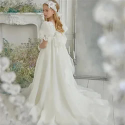 Flower Girls Dresses Vintage Ivory Puffy Appliques Short Sleeve For Wedding First Communion Gowns Infant Christening Gowns