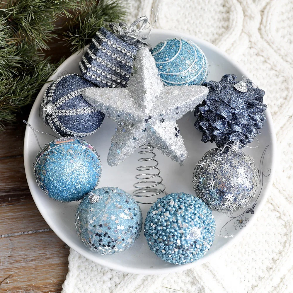 Christmas Tree Ornaments Blue Foam Ball Bow Tree Top Star Xmas Tree Hangings Pendant Party Decorations Supplies 2025 New Year