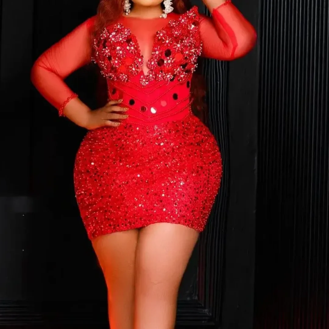 African Sparkly Sequined Mini Prom Dresses With Crystals Beaded Lace Birthday Party Dress Red Wedding Guest Gown Customized