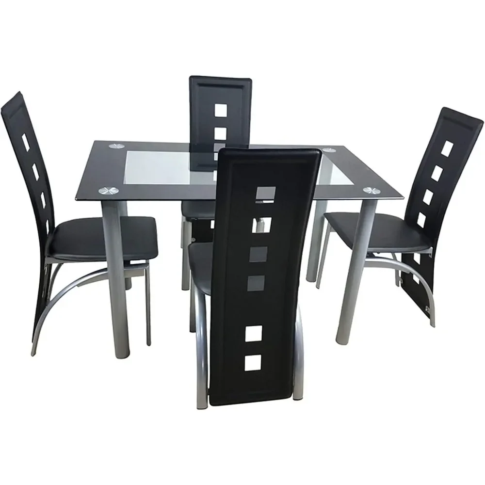 5-Piece Dining Table Set with 1 Glass Dining Table and 4 PVC ChairsKitchen & Breakfast Dining Living Room, Space Saving image 5