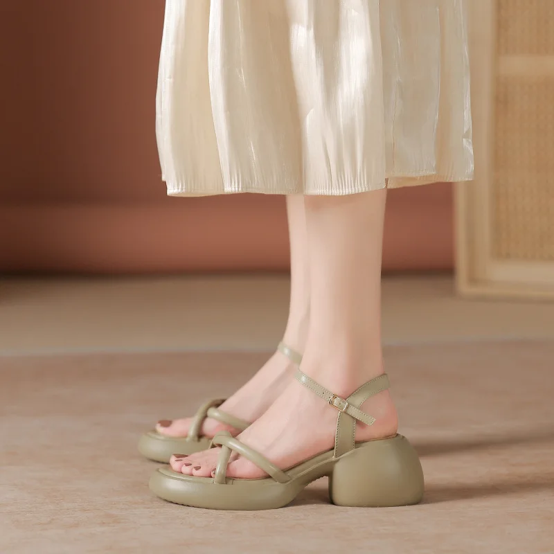 2024 Fashion Small High Heel Sandals Women's Summer Dress French Style Chunky Heel Platform Roman Shoes