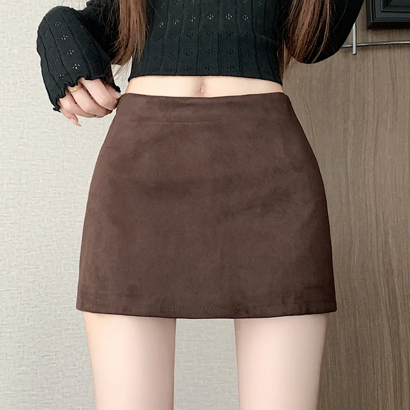 High Waist A-Line  Skirt Women's Autumn Winter Leather Velvet Short Skirt Slit Design Comfortable Breathable Casual Skirt