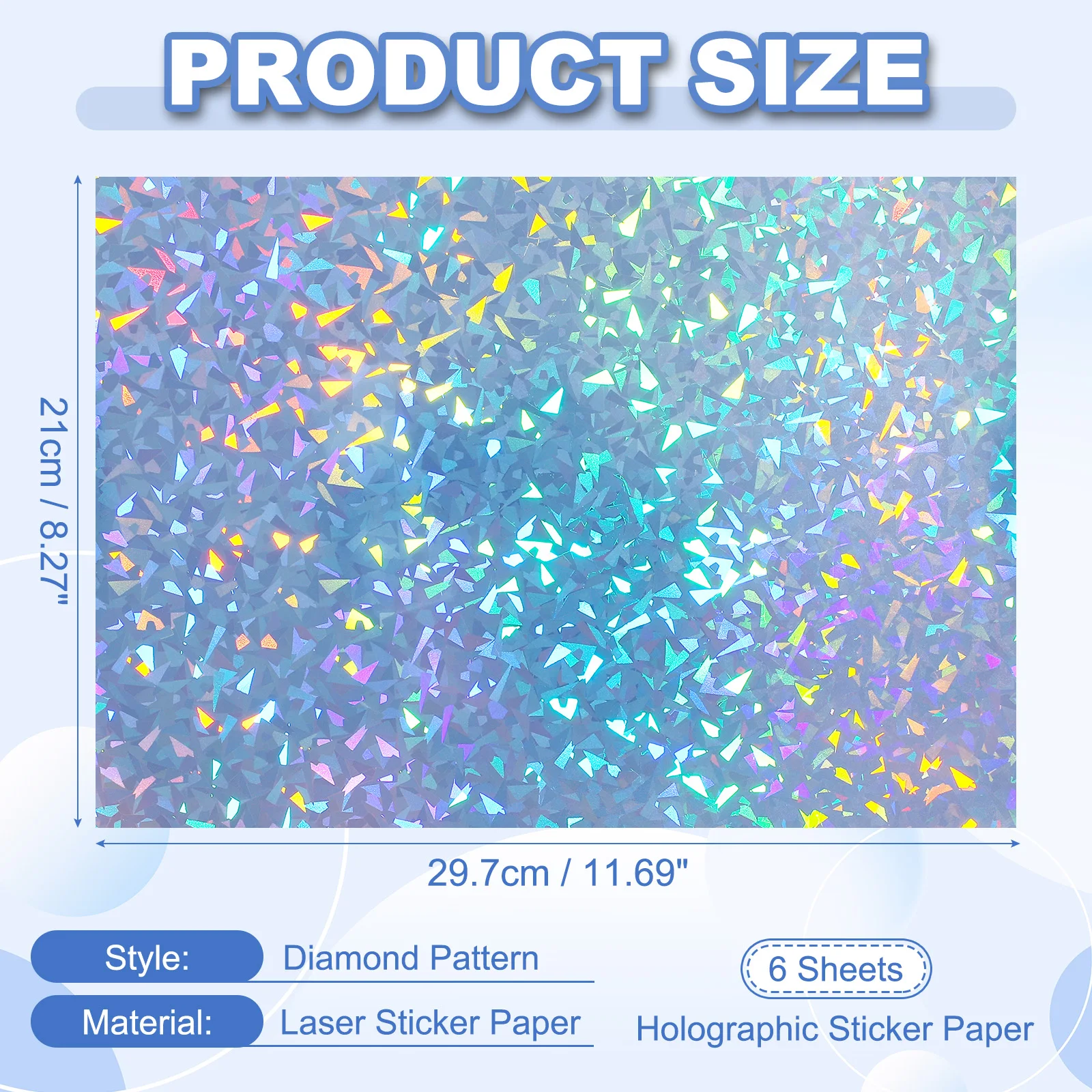 6Sheets Printable Holographic Sticker Paper,  Vinyl Sticker Paper A4 Waterproof Quickly Sticker for Laser Printer Inkjet Printer