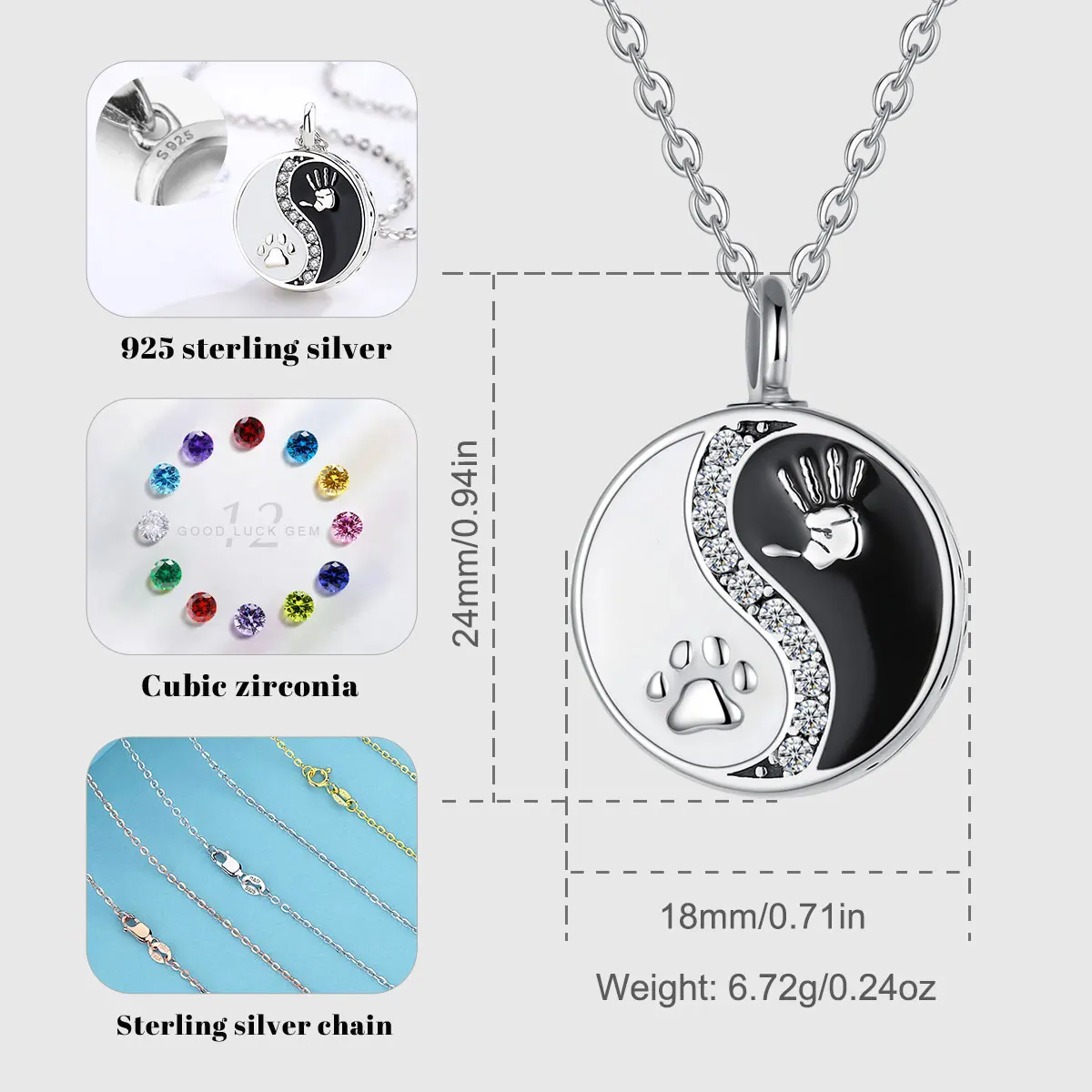 Eudora 925 Sterling Silver Yin Yang Ashes Urn Necklace Pet Paw Print Handprint Cremation Pendant Memorial Jewelry Women Gift