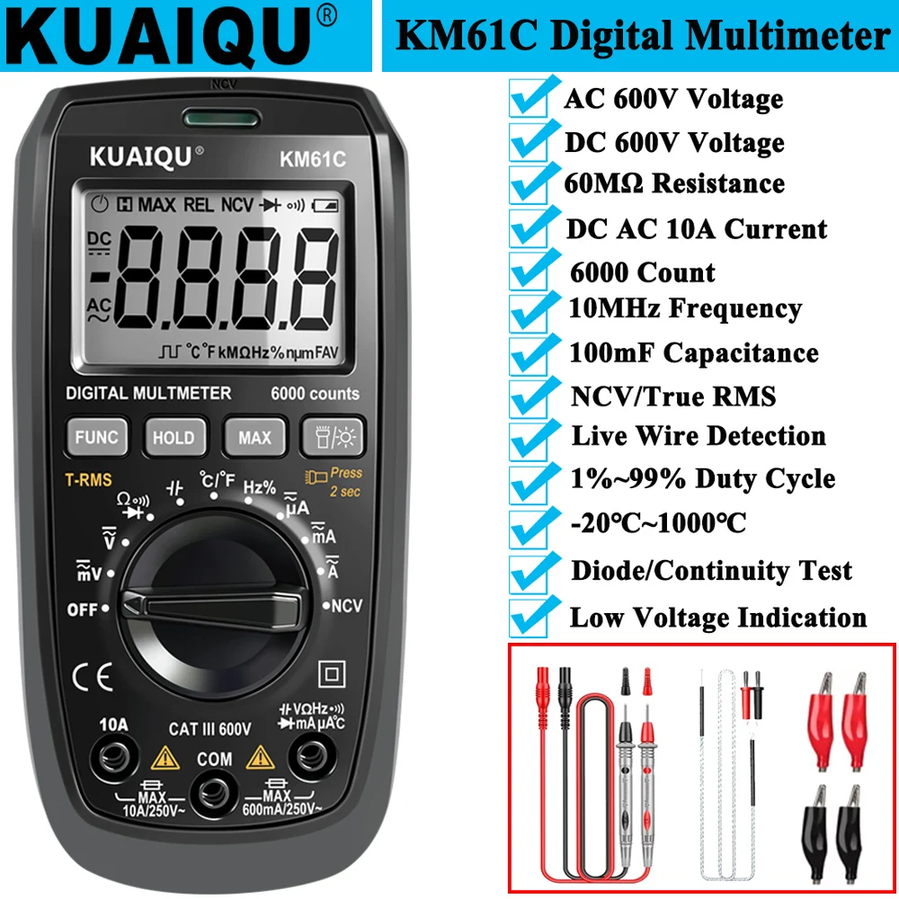 

Цифровой мультиметр KUAIQU на 6000, инструменты автоматического диапазона с NCV, настоящими среднеквадратическими значениями, испытанием на температуру, частотой, емкостью, испытанием на сопротивление