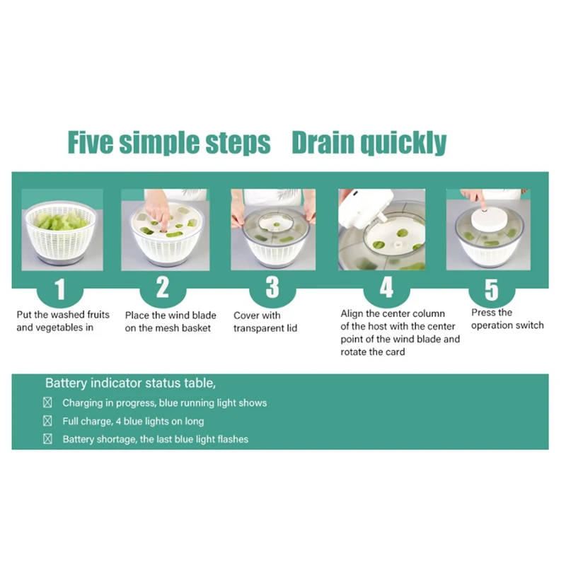 전기 샐러드 스피너, 음식 여과기, 샐러드 만들기 액세서리, 다기능 야채 샐러드 탈수기, 4.75L