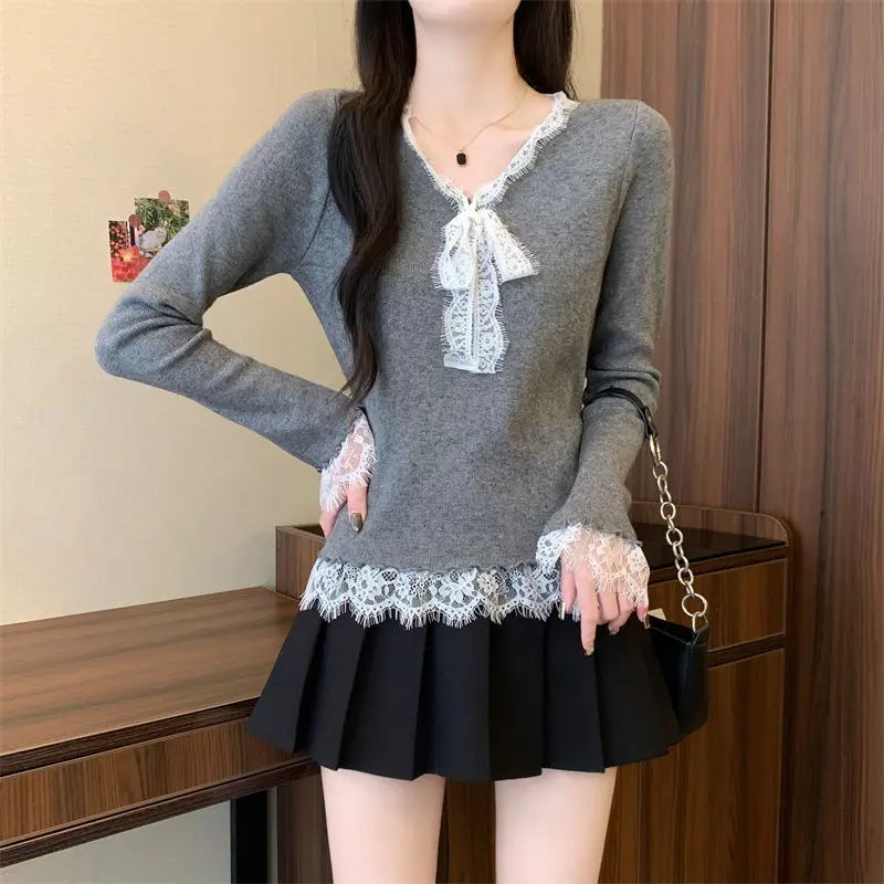 Модный французский темпераментный кружевной свитер с бантом, женский осенне-зимний тонкий базовый свитер с длинными рукавами