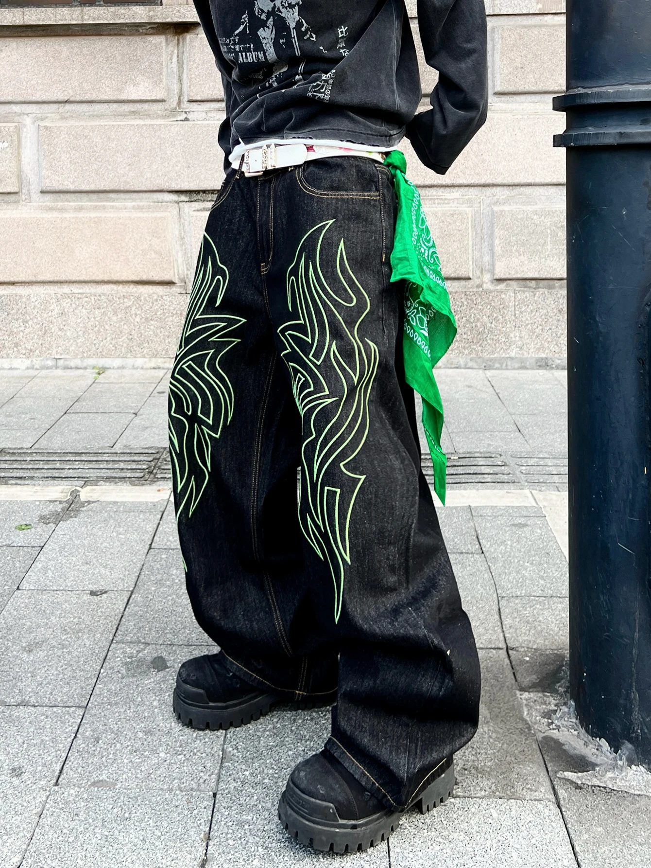 Y2K Street Style Black Baggy Jeans, Trendy Design With Embroidered Patterns, Fashionable And Casual Long Pants, All Seasons