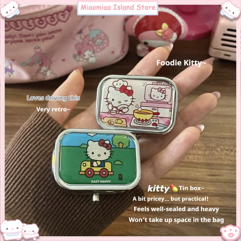 Caja de pastillas portátil de metal con diseño de Hello Kitty, caja de almacenamiento con compartimentos sellados a prueba de humedad para pendientes, regalo de viaje diario