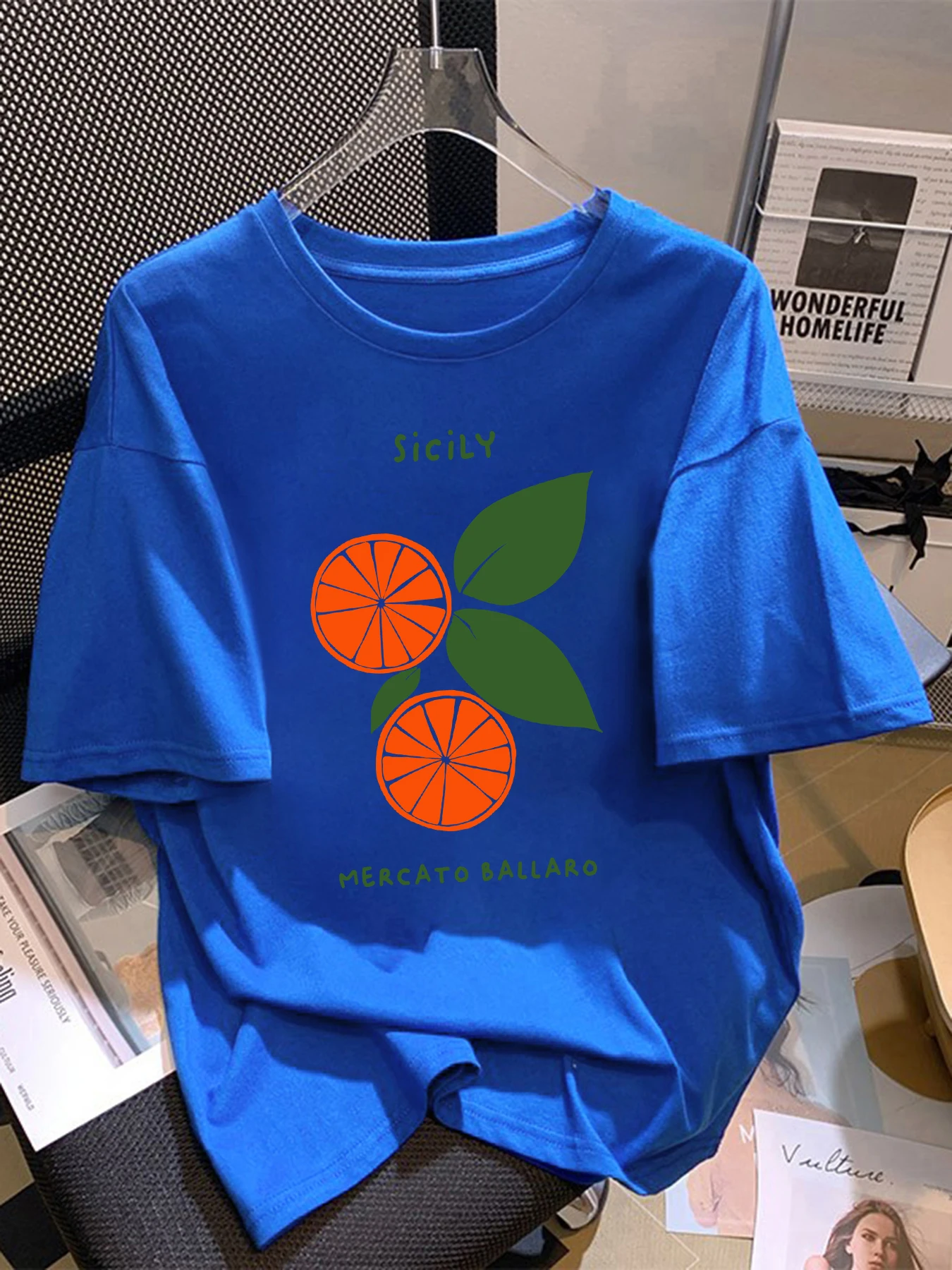Sizilien Mercato Ballaro Orange Fruit Design T-Shirt Damen Sommer Bequemes T-Shirt Baumwolle O-Ausschnitt Top Mehrfarbiges Hip Hop T-Shirt