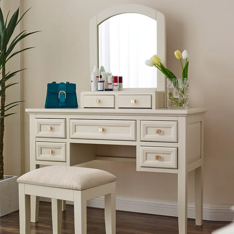 Modern American light luxury rural pastoral Korean cream style all solid wood dresser makeup stool combination