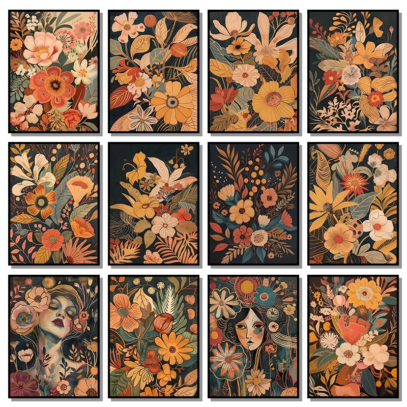 1pc frameless Canvas Painting  1pc frameless Canvas Painting Mid-Century Modern Bohemian Flower Bouquet Botanical Art Autumn Abs