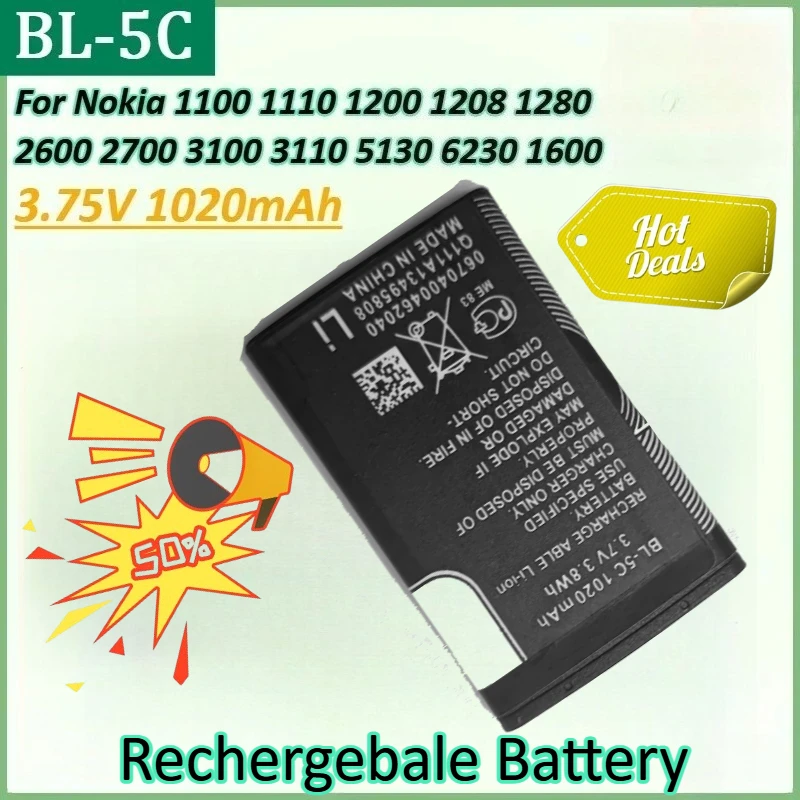 

BL5C BL-5C 3.75V 1020mAh Lithium Game Console Battery for Nokia 1100 3100 3110 1110 1200 1208 2700 5130 6230 1280 2600 1600