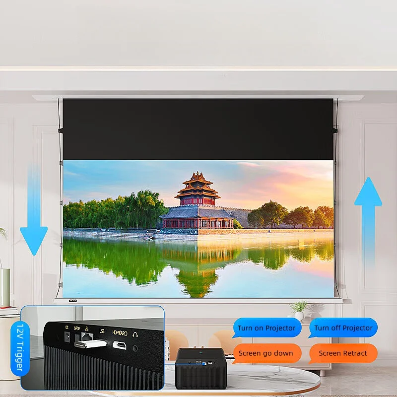 2025 NEW Design Fresnel Long Throw ALR  Automatic Ceiling Recessed Tab-Tension Projector Screen W/ Smart Voice Control 110-220V