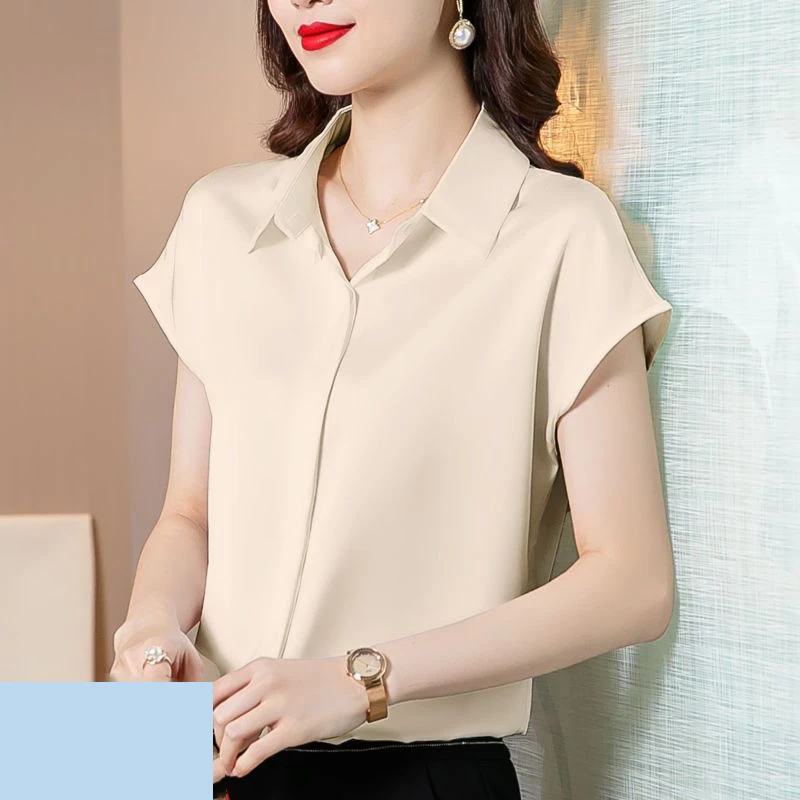 Women Clothing Temperament Solid Color Loose Blouse Summer New Short Sleeve Polo Neck Thin Elegant Shirt Tops Fashion Office