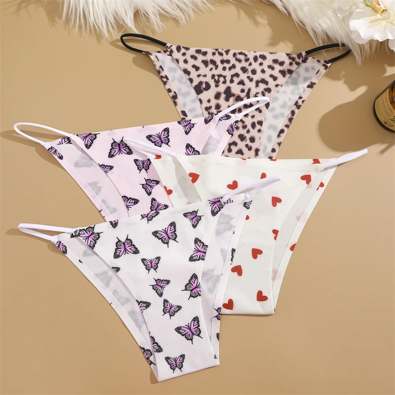 FINETOO 3Pcs Seamless Silk Leopard Underwear Women\'s Panties Flower Butterfly Sexy Brief Female Low-waist Stretch Lingerie XS-XL