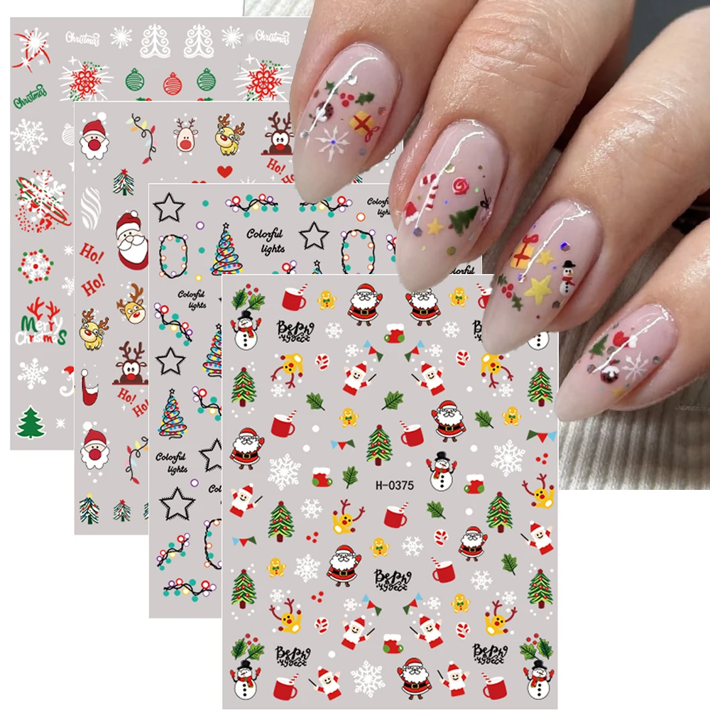 4Pcs/set Colored Light \ Christmas Tree Nail Sticker 3D Cute Santa Claus White Snowflake Reindeer Nail Decals New Year Xmas Deco