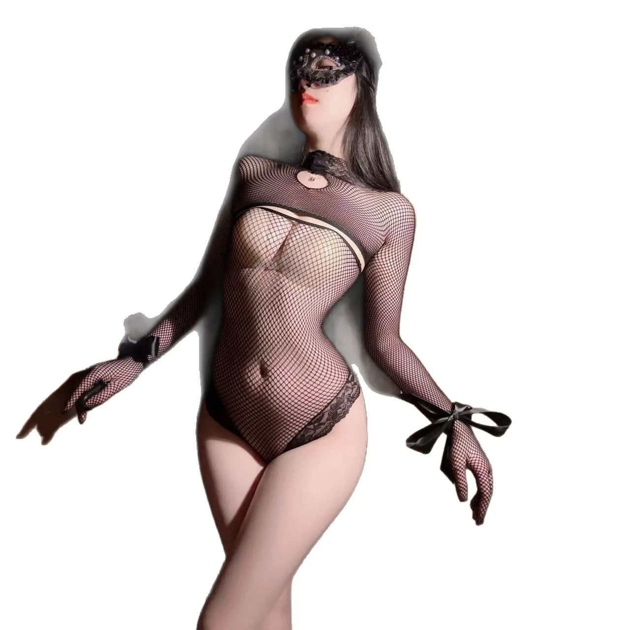Nighttime Sexy Pure Desire Transparent Tight Bodysuits Plus Size Hot Hollow-out Long-sleeved Mesh Solid Color Bodysuits 0EXI