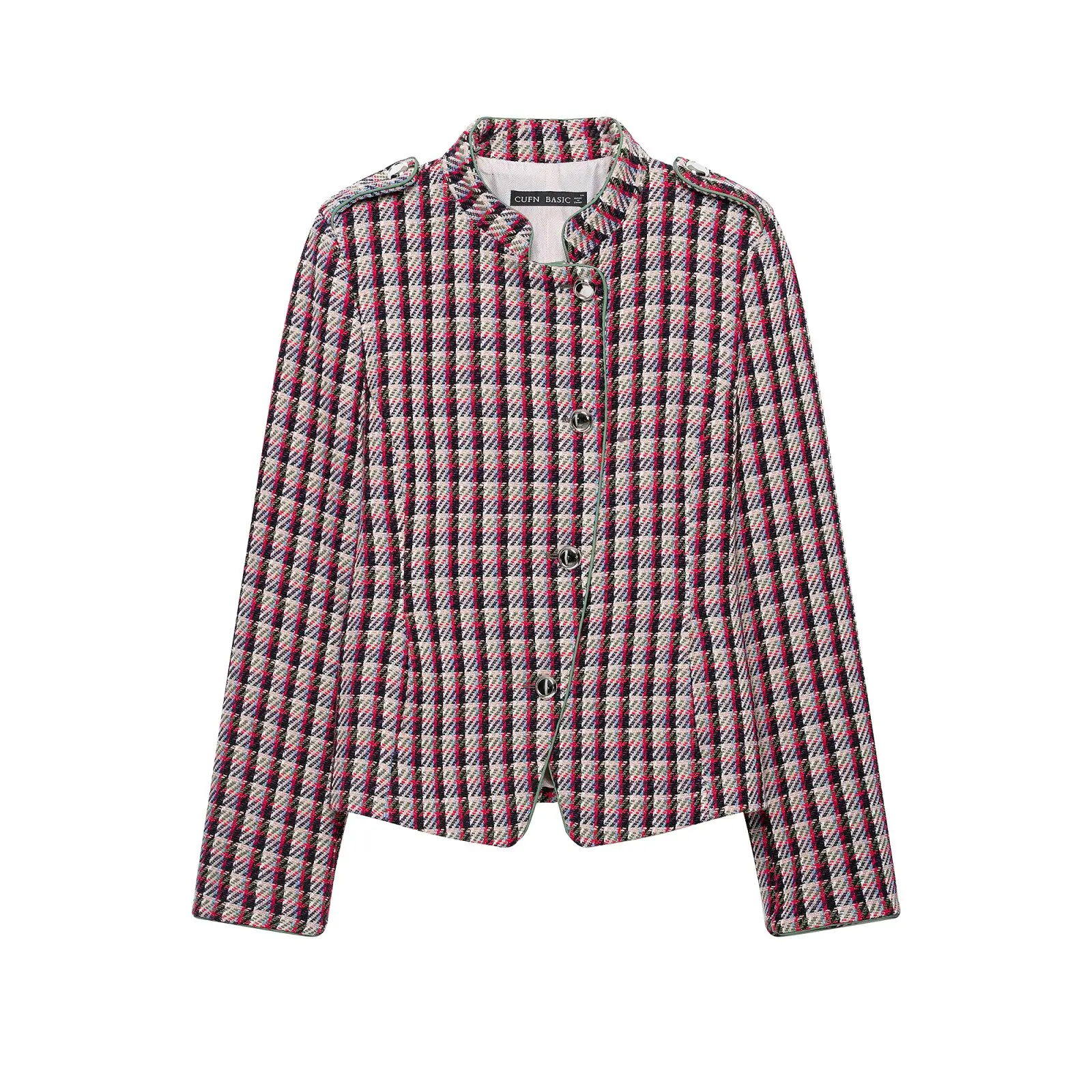 Autumn New Women's Long Sleeve Stand Collar Plaid Structured Shoulder Pad Blazer