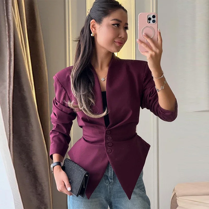 

Casual Lace Up Asymmetrical Blazer Women Solid V-neck Single Breasted Full Sleeve Jacket Female Fashion Spring Lady Coat 2026