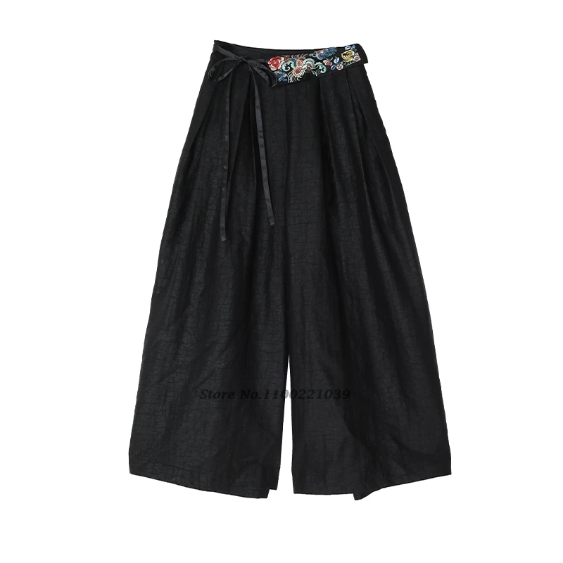 2025 السراويل الصينية خمر الرجعية الساتان السراويل الشعبية الوطنية زهرة التطريز السراويل العرقية مرونة الخصر واسعة الساق السراويل