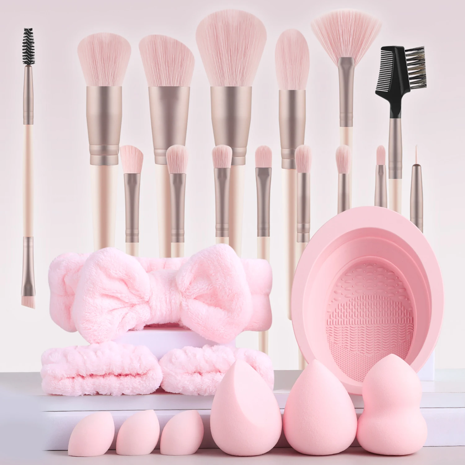 25Pcs Complete Makeup Set 15 Foundation Blush Eyebrow Brushes with Sponges, Bow Hairband & Cleaner Bowl