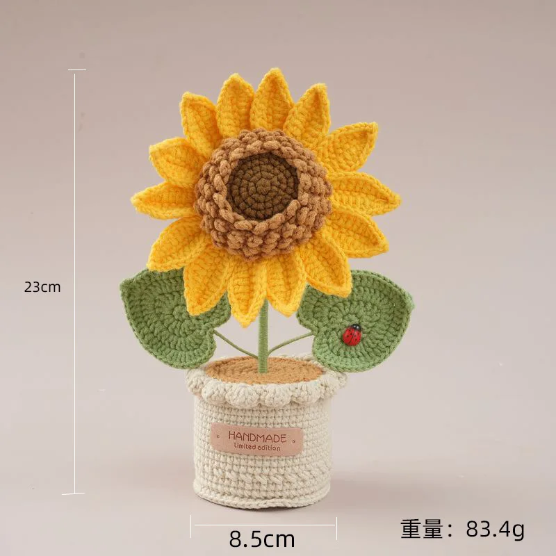Handgefertigter Gehäkelter Sonnenblumentopf Kreative Gehäkelte Blume Künstliche Pflanze Fertige Gestrickte Sonnenblume im Topf Raumdekoration Geschenk – Detail 1