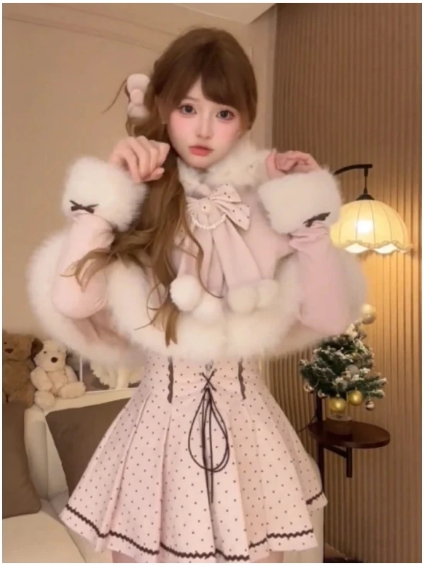 Princ Sle Polka Dot Knitted Hat Coat Women's Autumn Winter Faion Set with Sweet Fluffy Outerwear And Skirt Tee Piece...